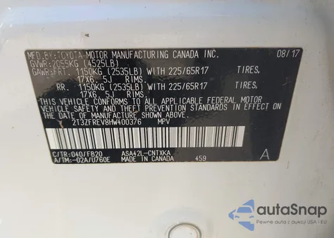 2017 Toyota Rav4 Le из США, поврежденный, VIN 2T3ZFREV8HW400376